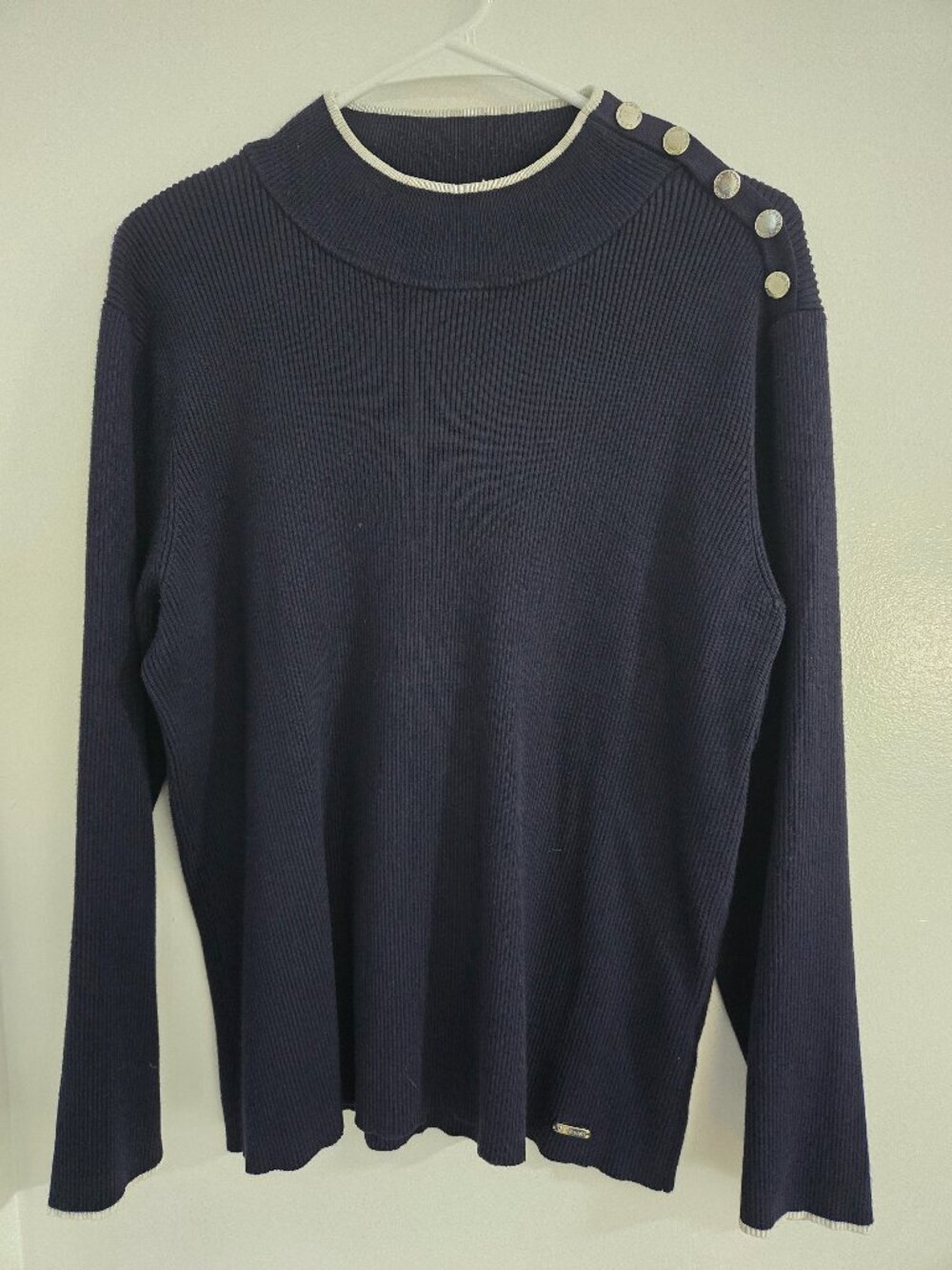 Calvin Klein Women’s XL Navy Blue Ribbed Mock Neck Sweater Buttons Coastal